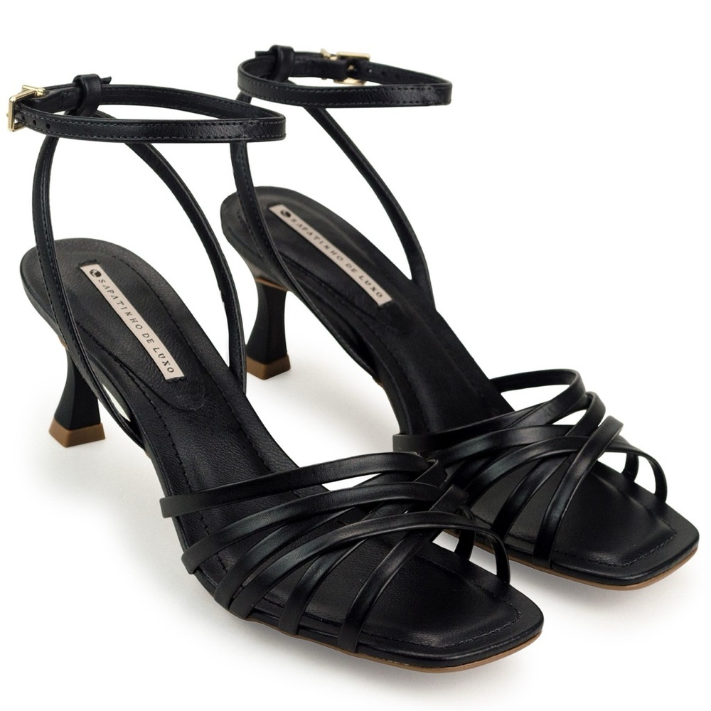 Black leather Strappy Heels ankle closure size 5 new in box vegan cushioned